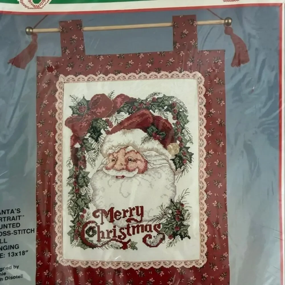 Vintage Bucilla Christmas Santa's Portrait Counted Cross Stitch Wall Hanging